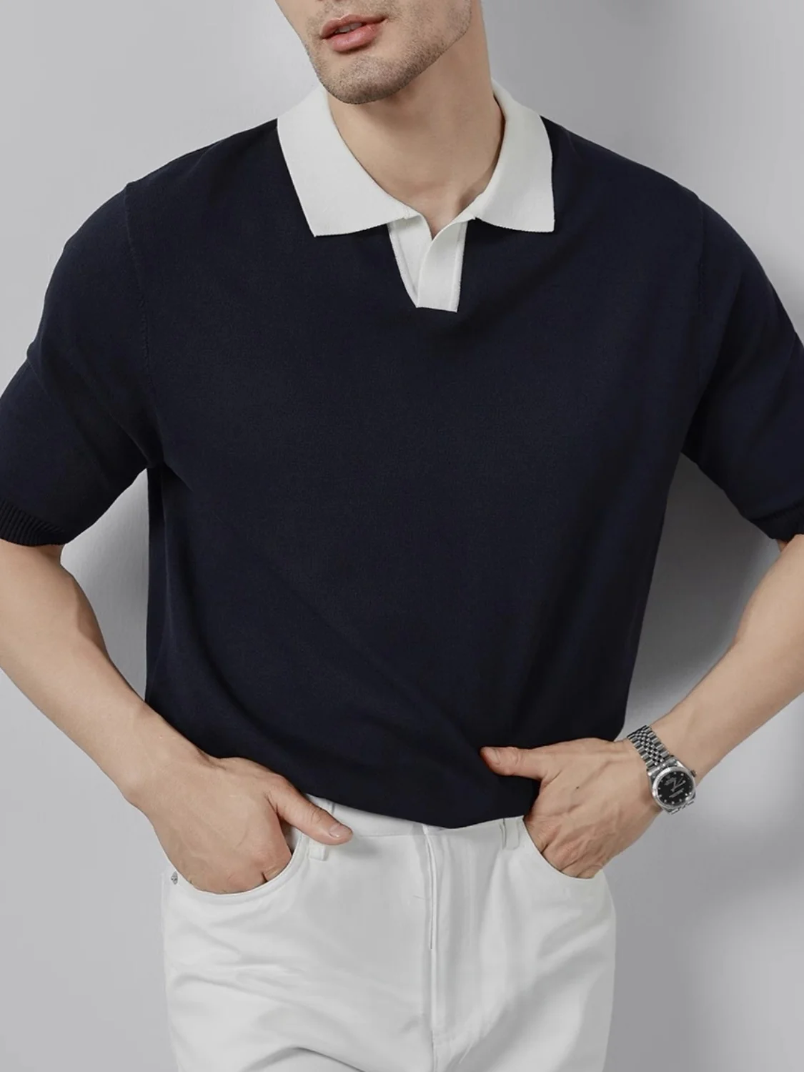 Color Matching Old Money Style Slim-fit Polo Shirts - Image 5