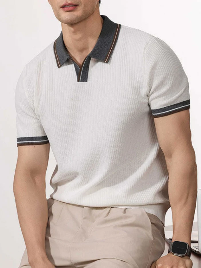 Color Matching Old Money Style Slim-fit Polo Shirts - Image 7