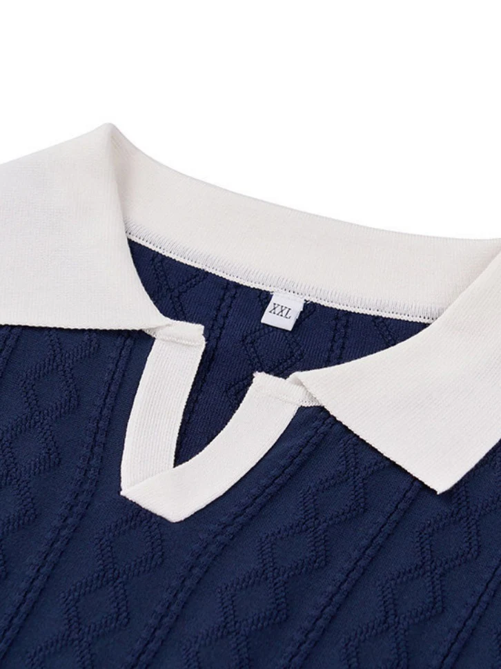 Old Money Style V-neck Color Matching Slim-fit Polo Shirts - Image 4