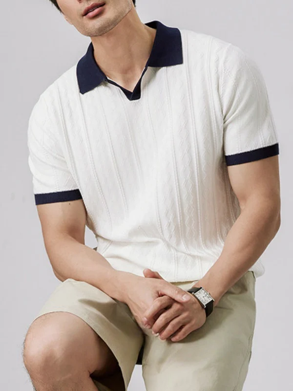 Old Money Style V-neck Color Matching Slim-fit Polo Shirts - Image 5
