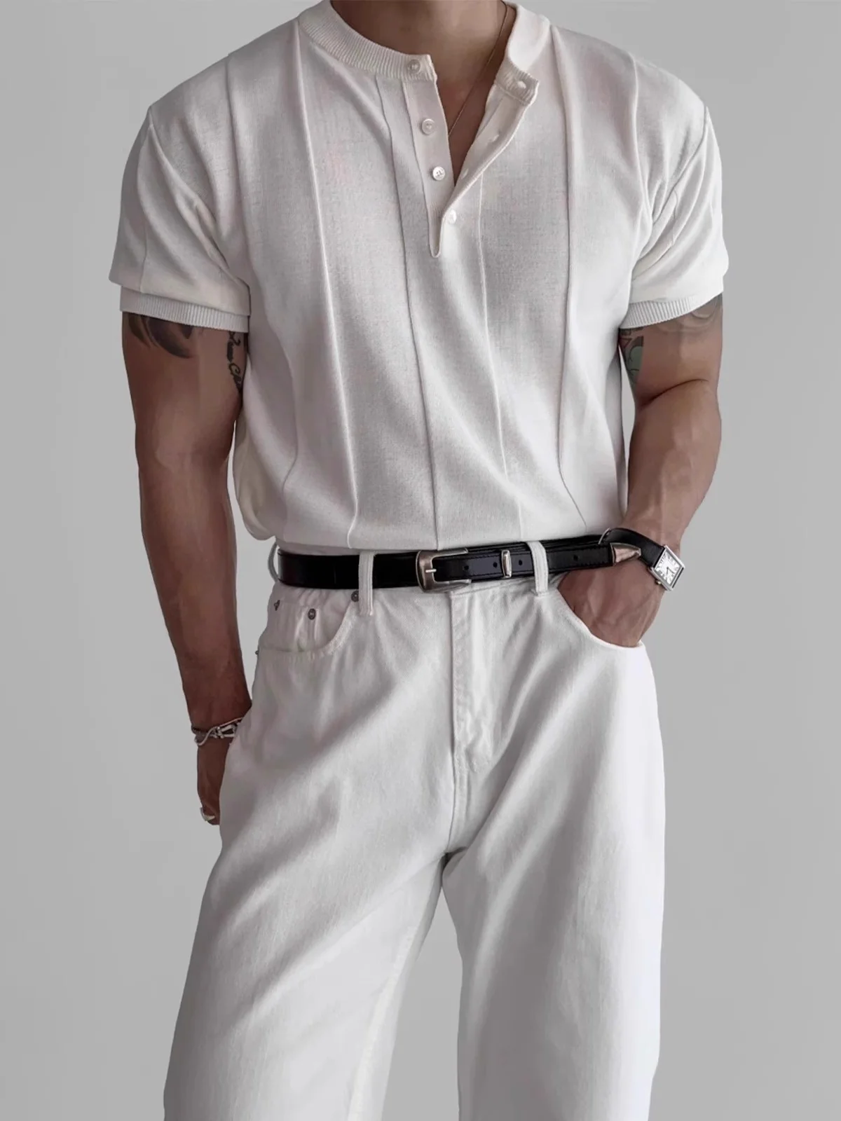Henry's Collar Vertical Stripe Slim-fit T-shirts - Image 2