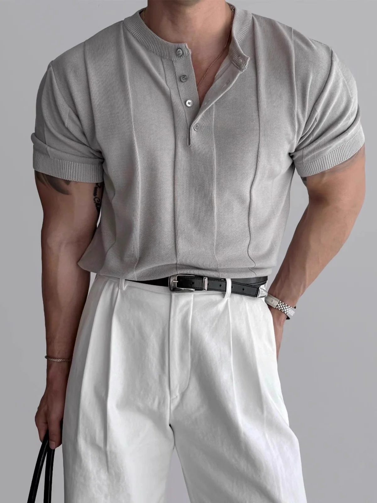 Henry's Collar Vertical Stripe Slim-fit T-shirts - Image 4