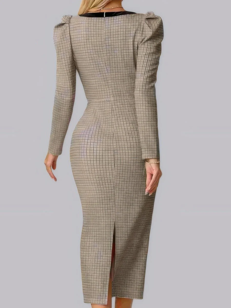 Bow Long Sleeve Tight Fit Bodycon Dress Plaid Knitting Workplace Midi Dresses - Image 2