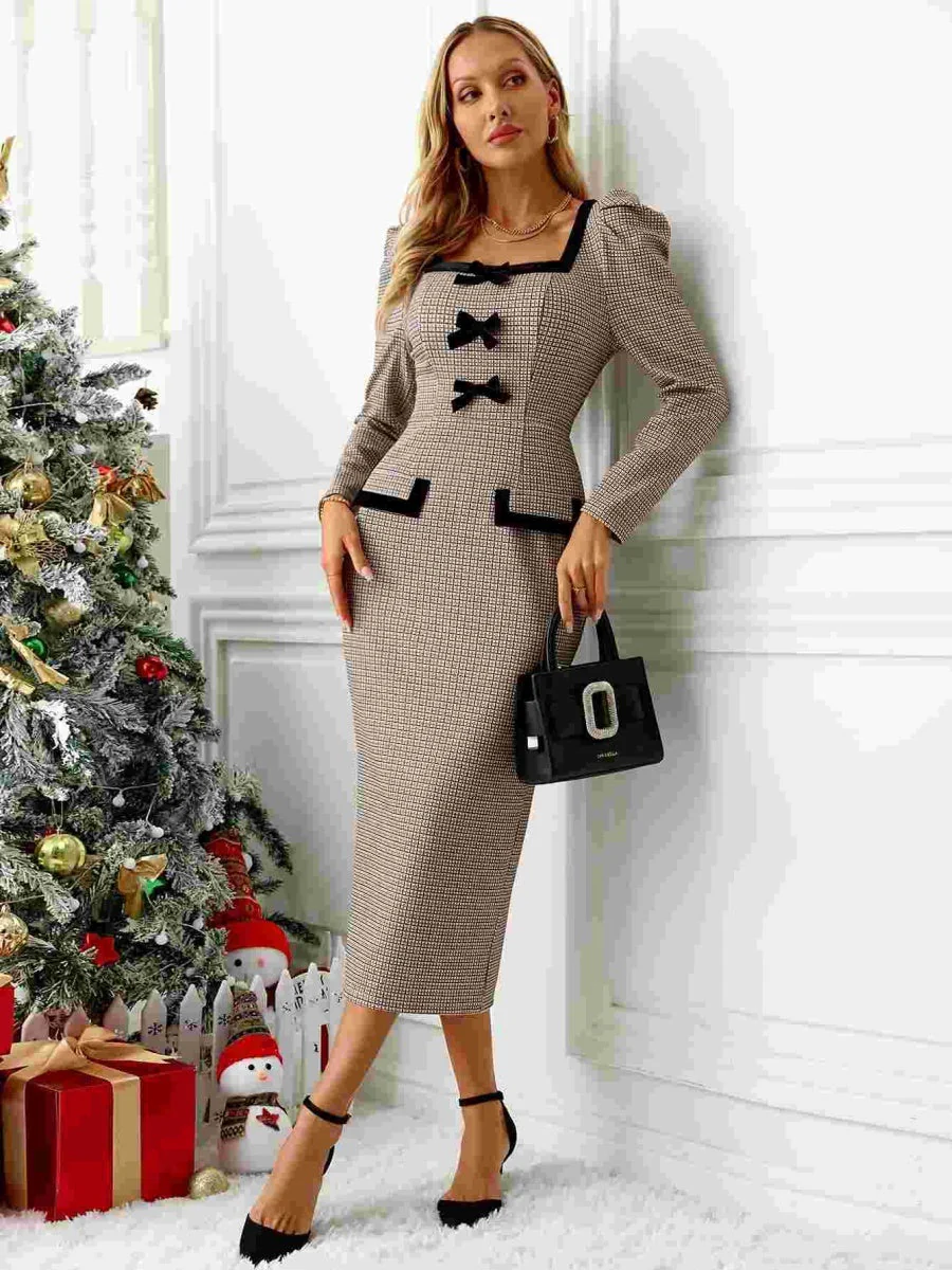 Bow Long Sleeve Tight Fit Bodycon Dress Plaid Knitting Workplace Midi Dresses - Image 4