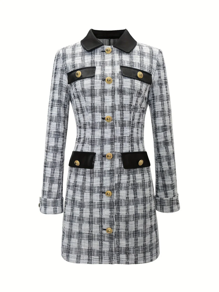 Small Fragrance Tweed Plaid Spliced PU Leather Commuting Mini&Short Dresses - Image 3