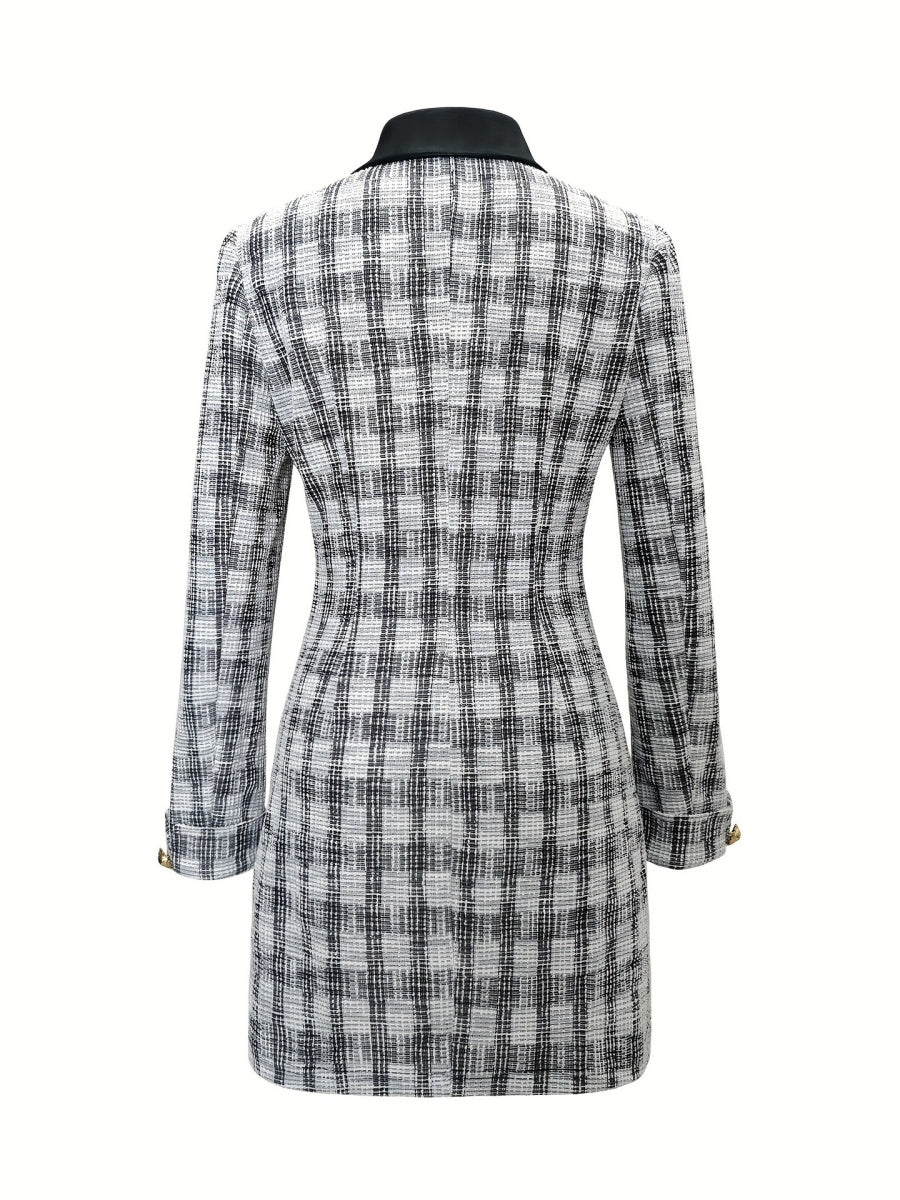 Small Fragrance Tweed Plaid Spliced PU Leather Commuting Mini&Short Dresses - Image 4