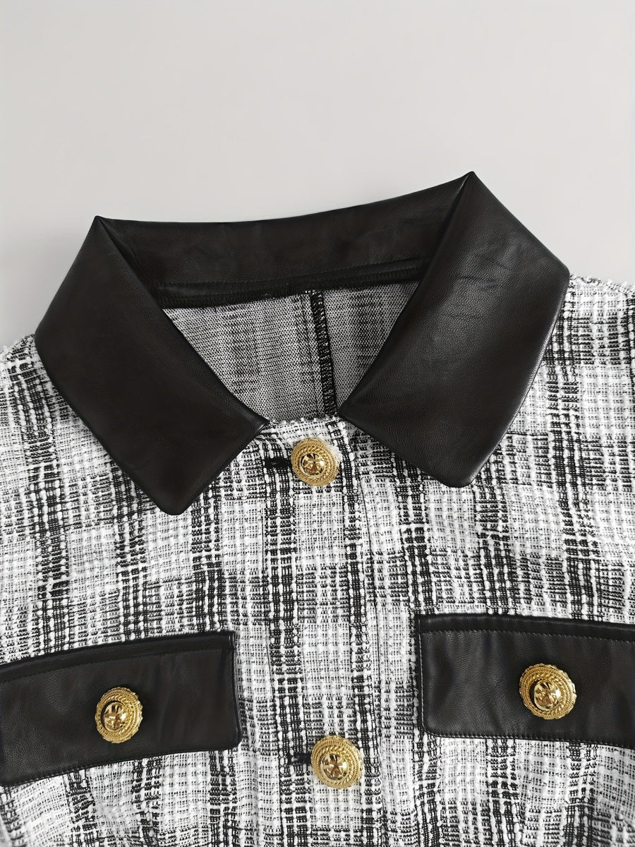 Small Fragrance Tweed Plaid Spliced PU Leather Commuting Mini&Short Dresses - Image 5