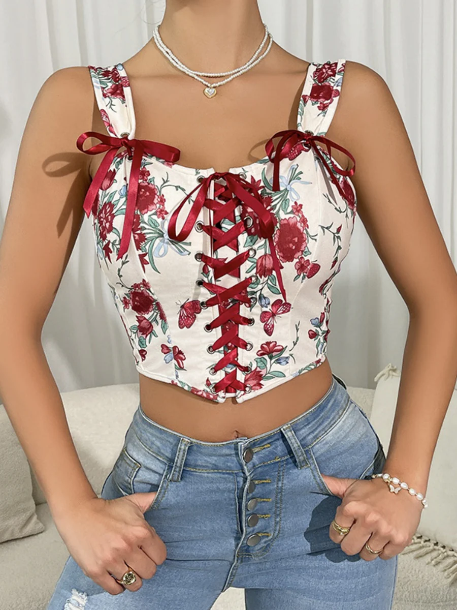 Sweet Floral Bow Lace Up Camisoles - Image 5