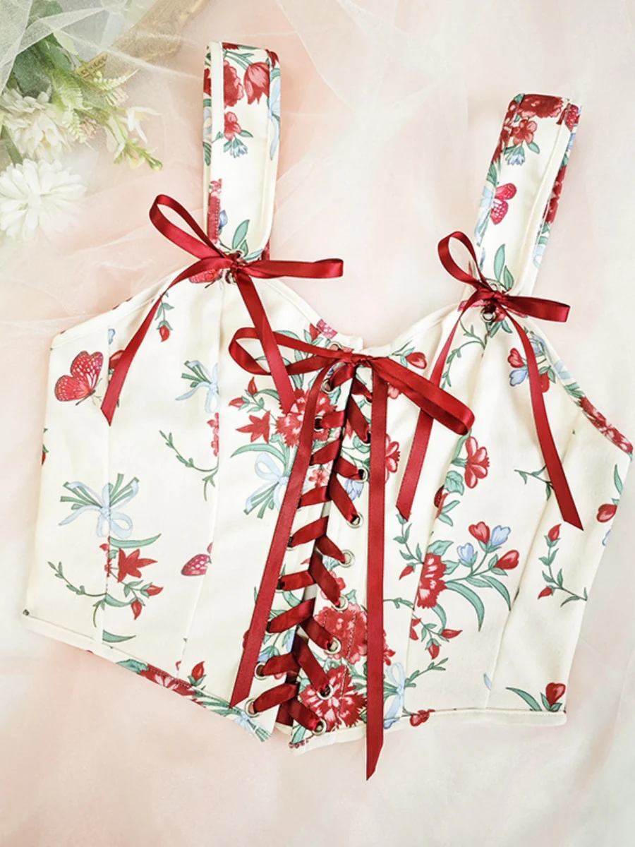 Sweet Floral Bow Lace Up Camisoles - Image 7