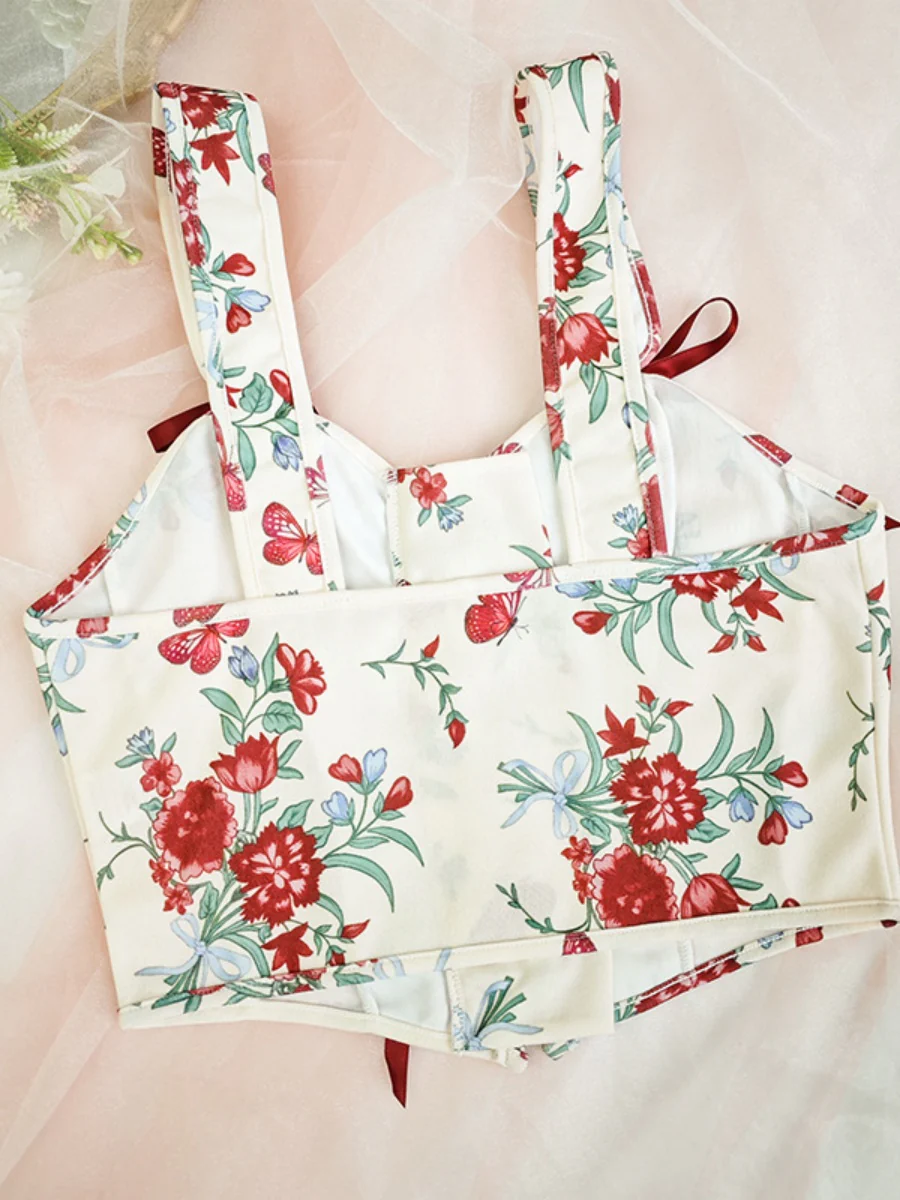 Sweet Floral Bow Lace Up Camisoles - Image 8