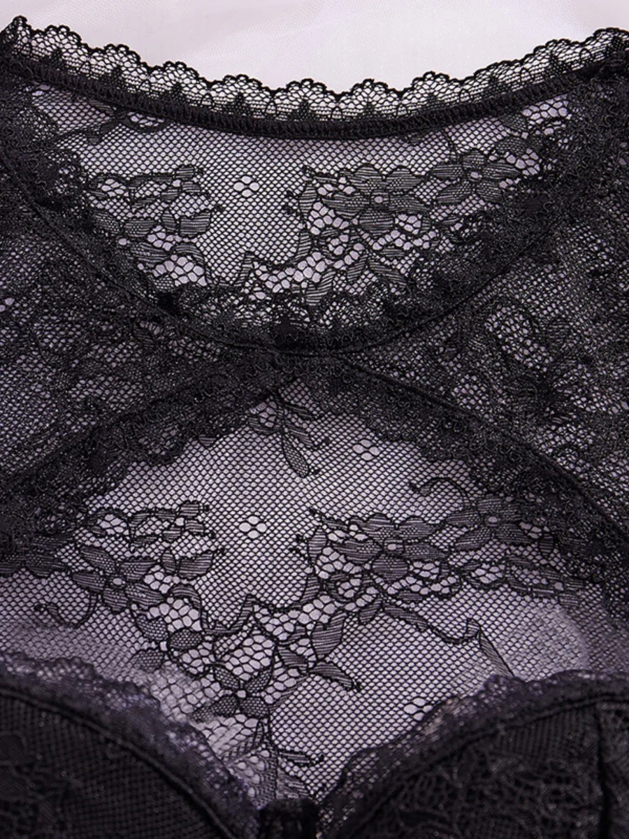 Lace Trim Splicing Mesh Perspective Bodysuits - Image 9