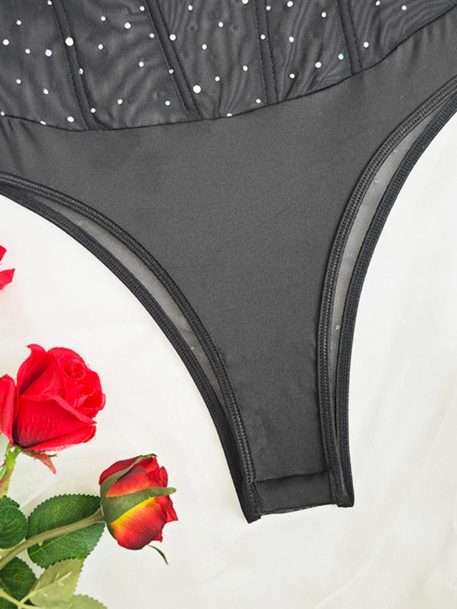 Fine Flash Trim Cross Mesh Perspective Bodysuits - Image 11