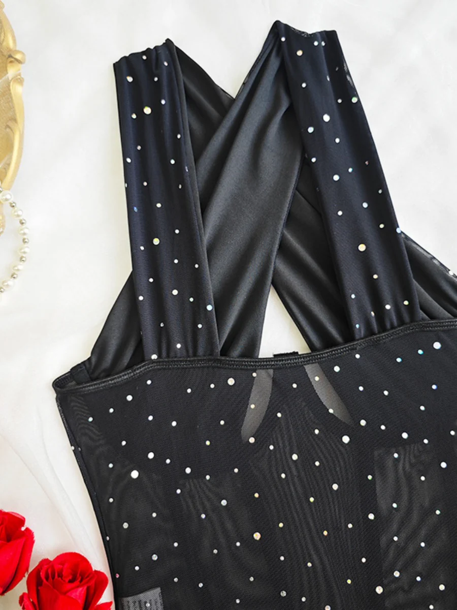Fine Flash Trim Cross Mesh Perspective Bodysuits - Image 13