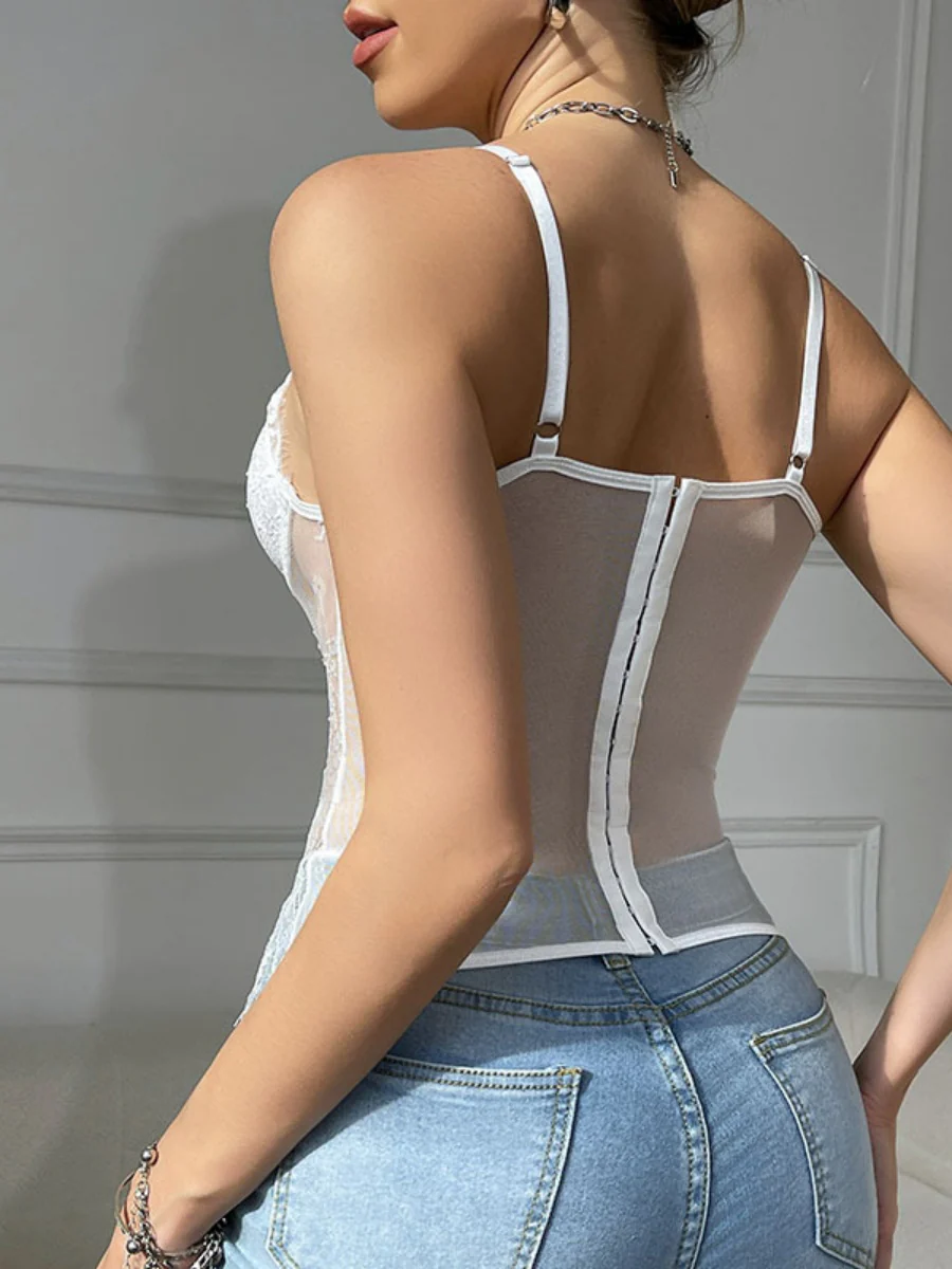 Lace Trim Splicing Mesh Perspective Camisoles - Image 8