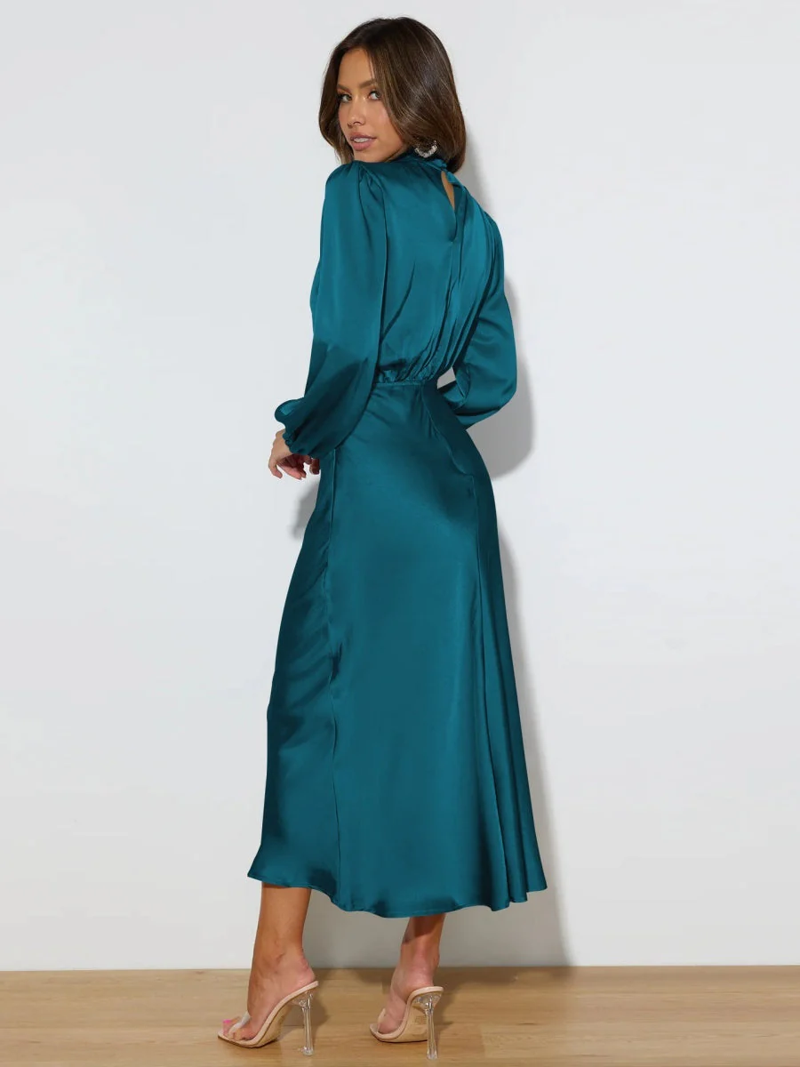 Satin Long Sleeve Loose Turtleneck Midi Dresses - Image 10