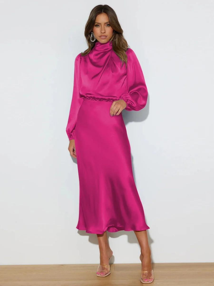 Satin Long Sleeve Loose Turtleneck Midi Dresses - Image 15