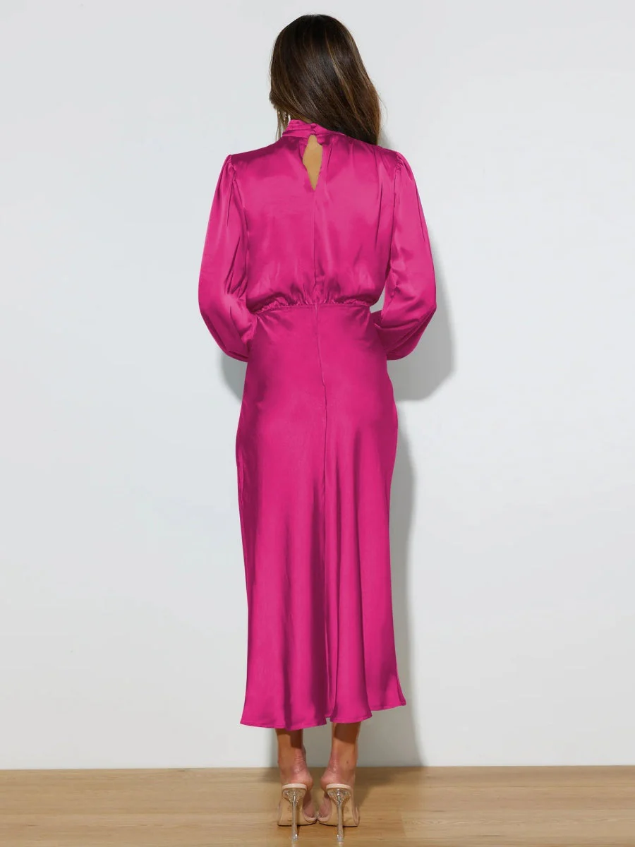 Satin Long Sleeve Loose Turtleneck Midi Dresses - Image 16