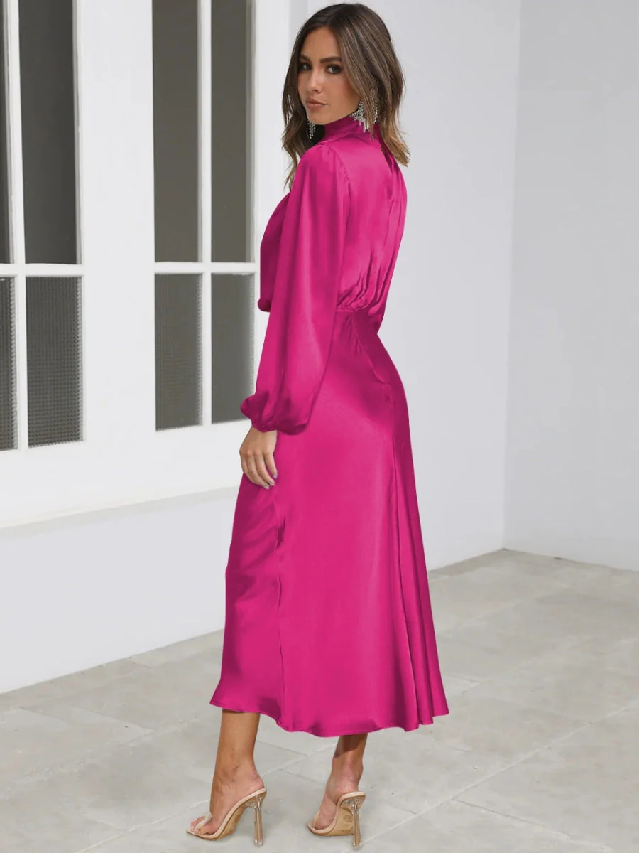 Satin Long Sleeve Loose Turtleneck Midi Dresses - Image 17