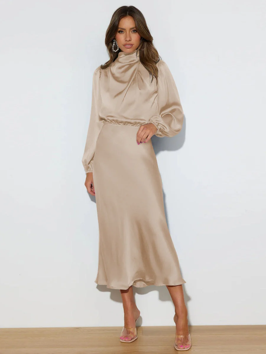 Satin Long Sleeve Loose Turtleneck Midi Dresses - Image 18