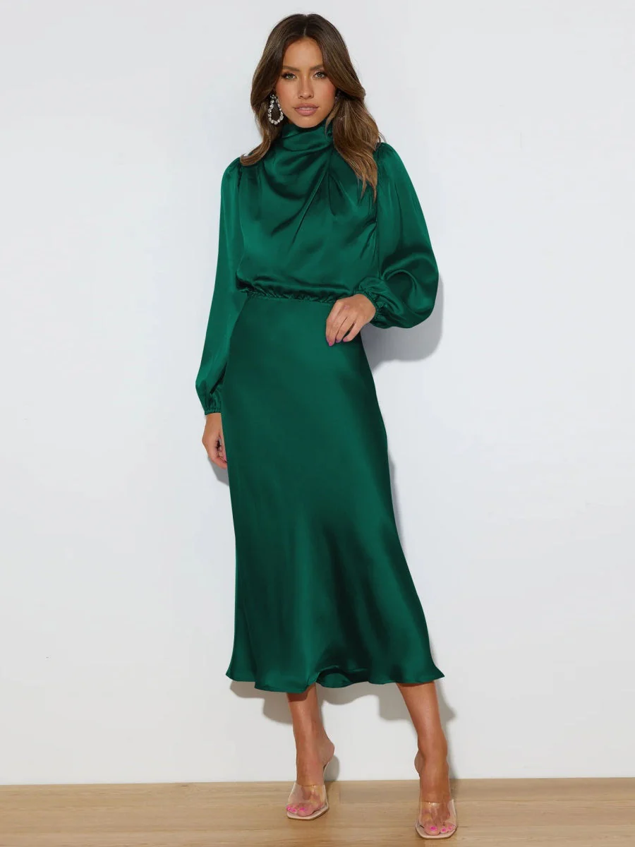 Satin Long Sleeve Loose Turtleneck Midi Dresses - Image 2