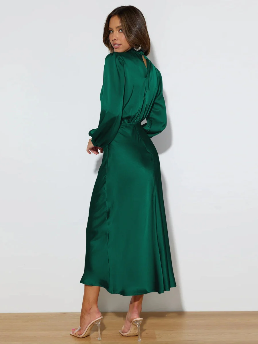 Satin Long Sleeve Loose Turtleneck Midi Dresses - Image 3