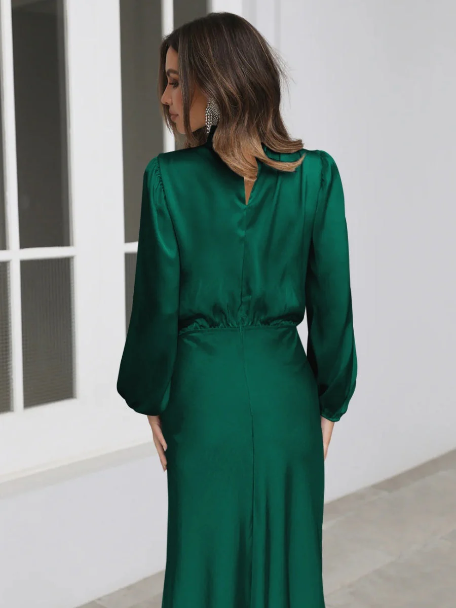 Satin Long Sleeve Loose Turtleneck Midi Dresses - Image 4