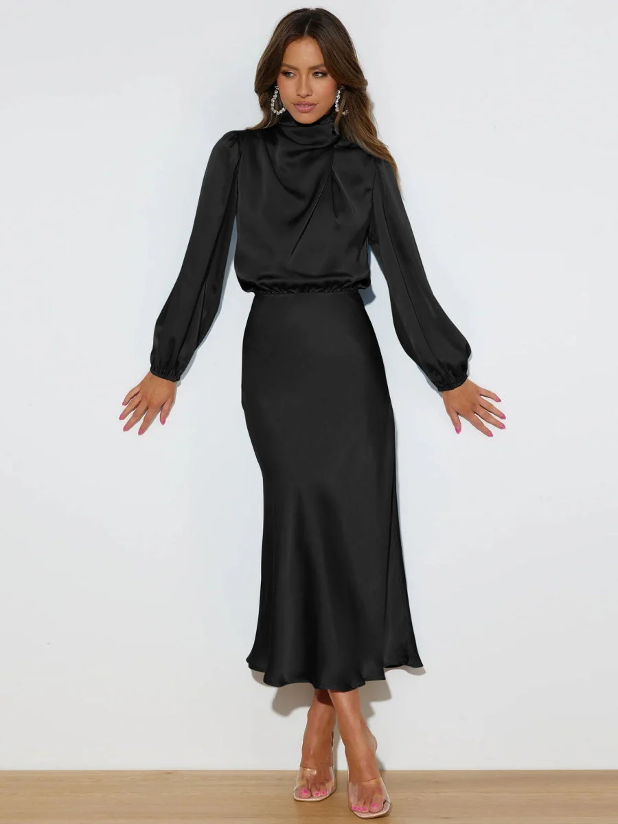 Satin Long Sleeve Loose Turtleneck Midi Dresses - Image 5
