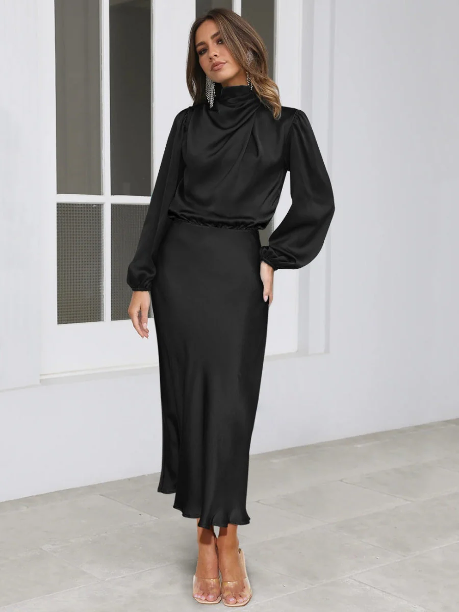 Satin Long Sleeve Loose Turtleneck Midi Dresses - Image 8