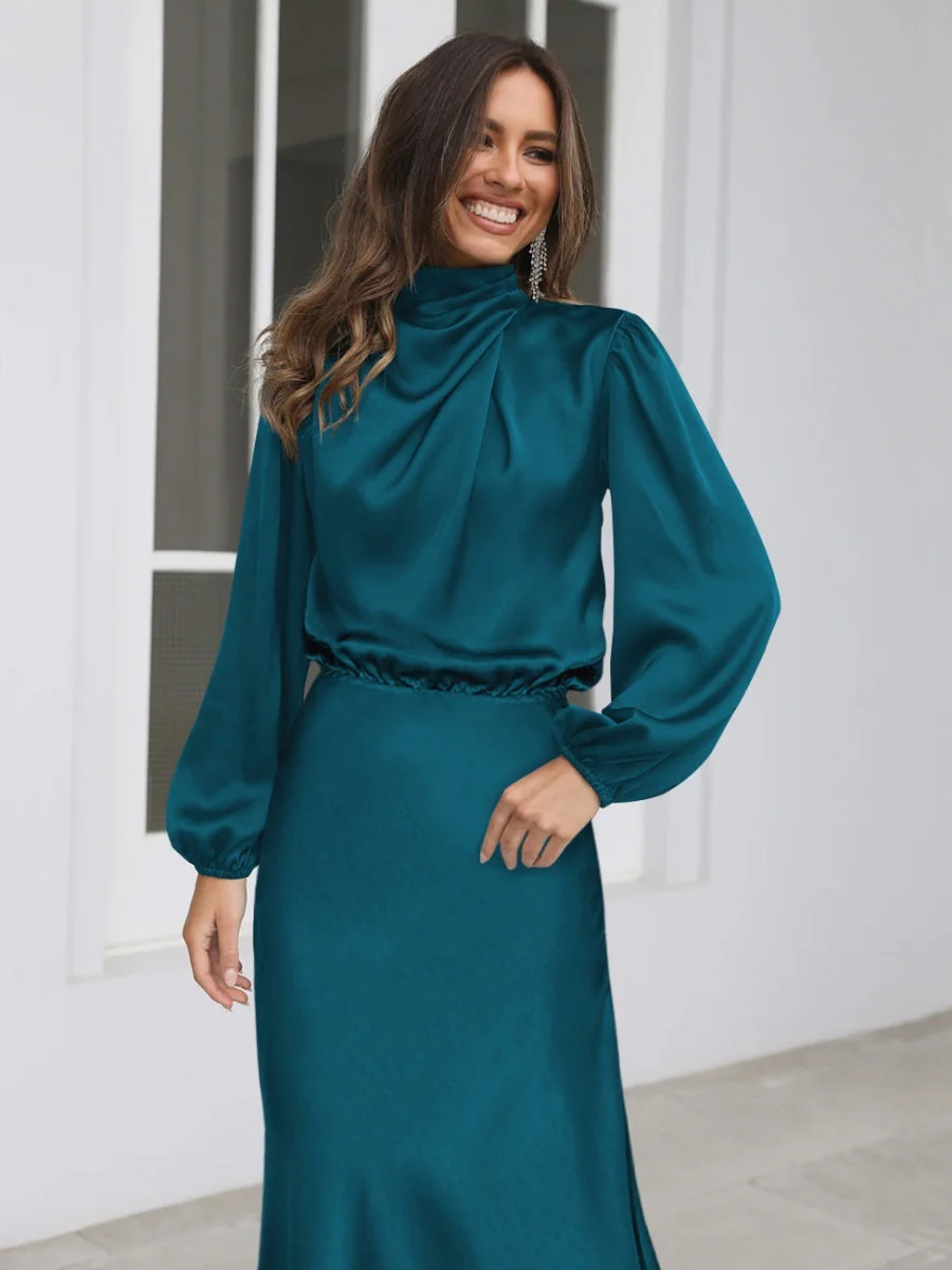 Satin Long Sleeve Loose Turtleneck Midi Dresses - Image 9