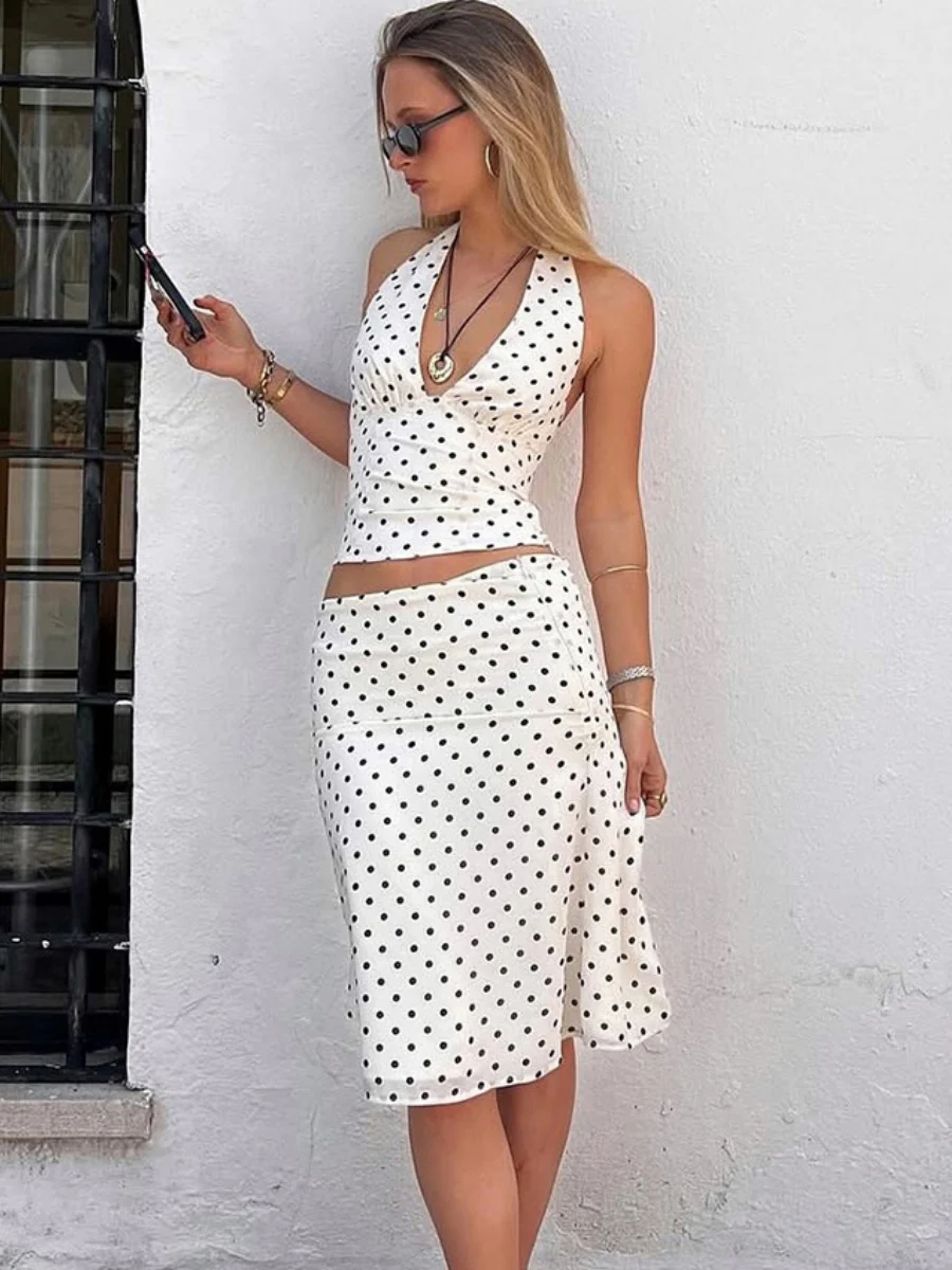 Polka Dot Print Halter Neck High-waisted Midi Skirt Two-piece Set - Image 4