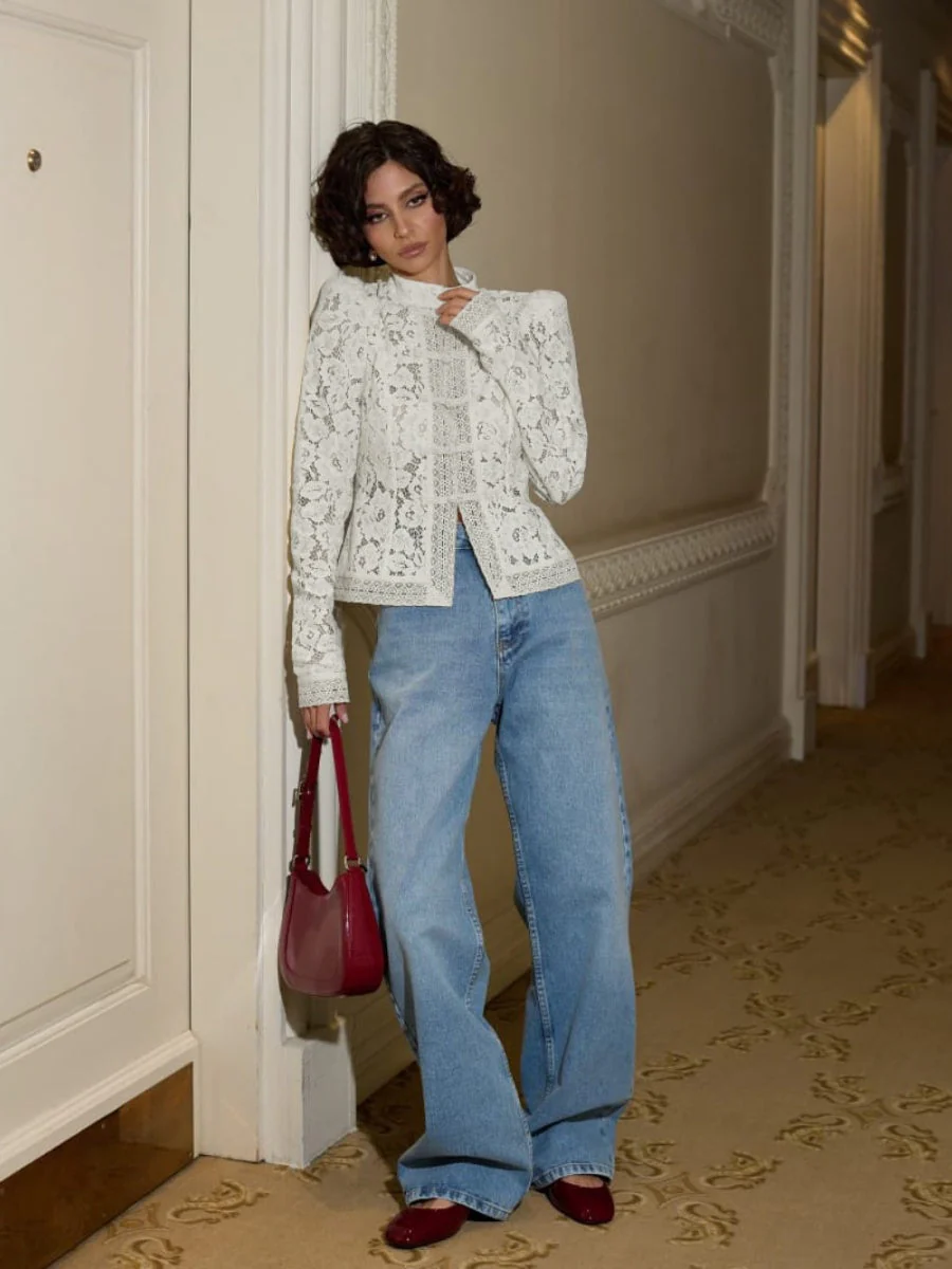 Lace Crochet Stand Collar Slim-fit Long Sleeve Sheer Top - Image 11