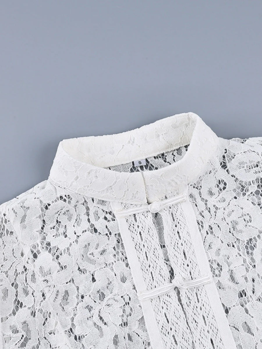 Lace Crochet Stand Collar Slim-fit Long Sleeve Sheer Top - Image 14