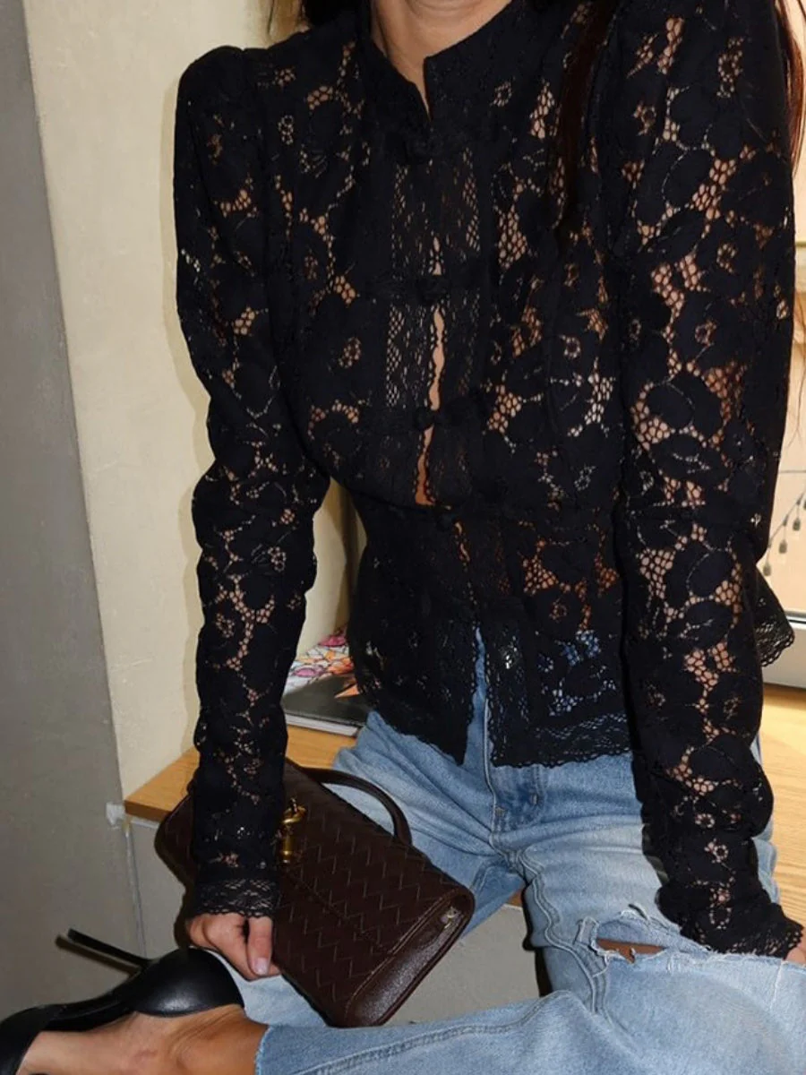 Lace Crochet Stand Collar Slim-fit Long Sleeve Sheer Top - Image 16