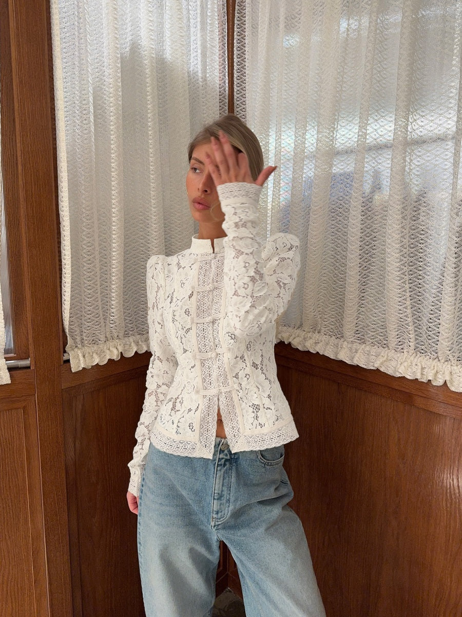 Lace Crochet Stand Collar Slim-fit Long Sleeve Sheer Top - Image 7