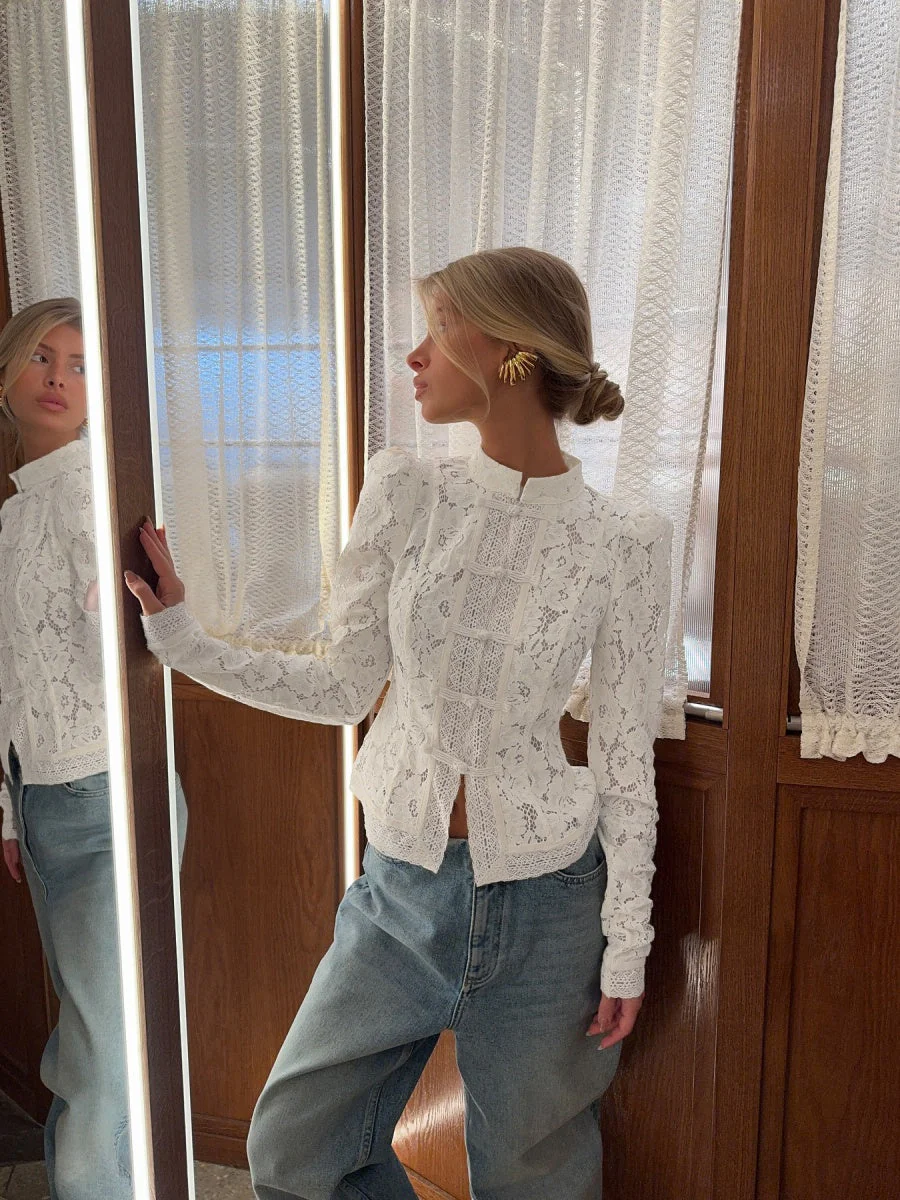Lace Crochet Stand Collar Slim-fit Long Sleeve Sheer Top - Image 8