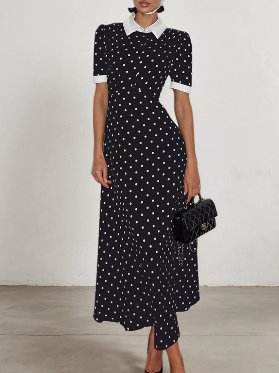 Polka Dot Print Color-blocked A-line Dress With A Cinched Waist