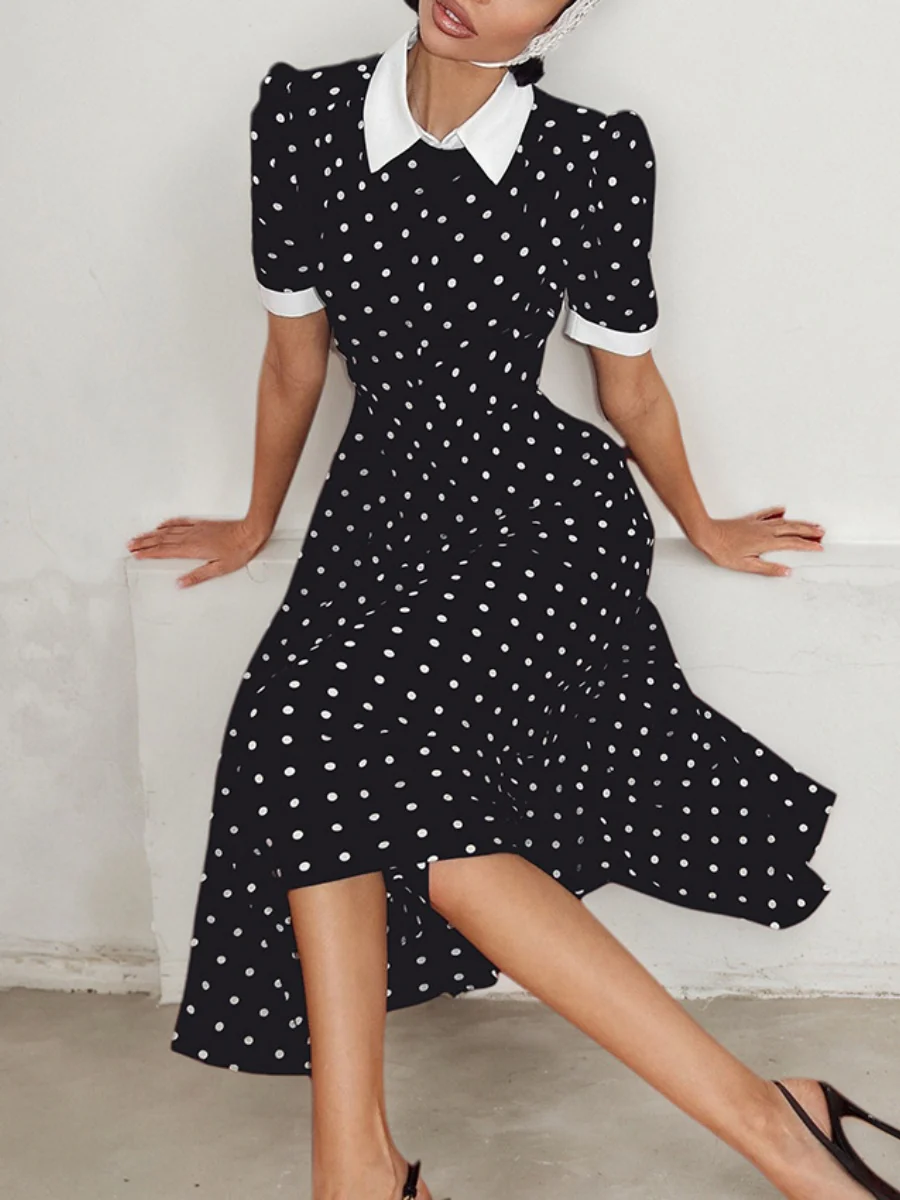 Polka Dot Print Color-blocked A-line Dress With A Cinched Waist - Image 2