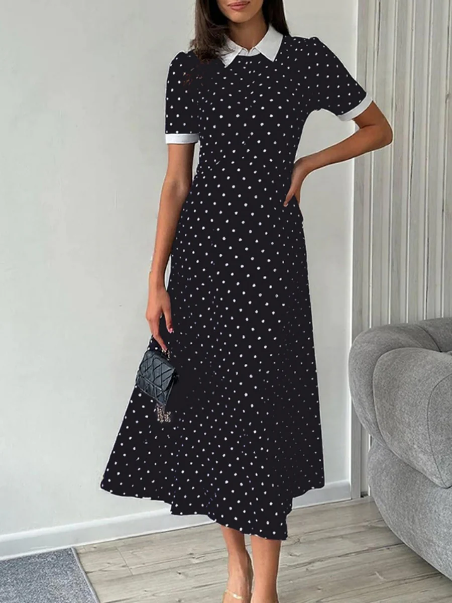 Polka Dot Print Color-blocked A-line Dress With A Cinched Waist - Image 3