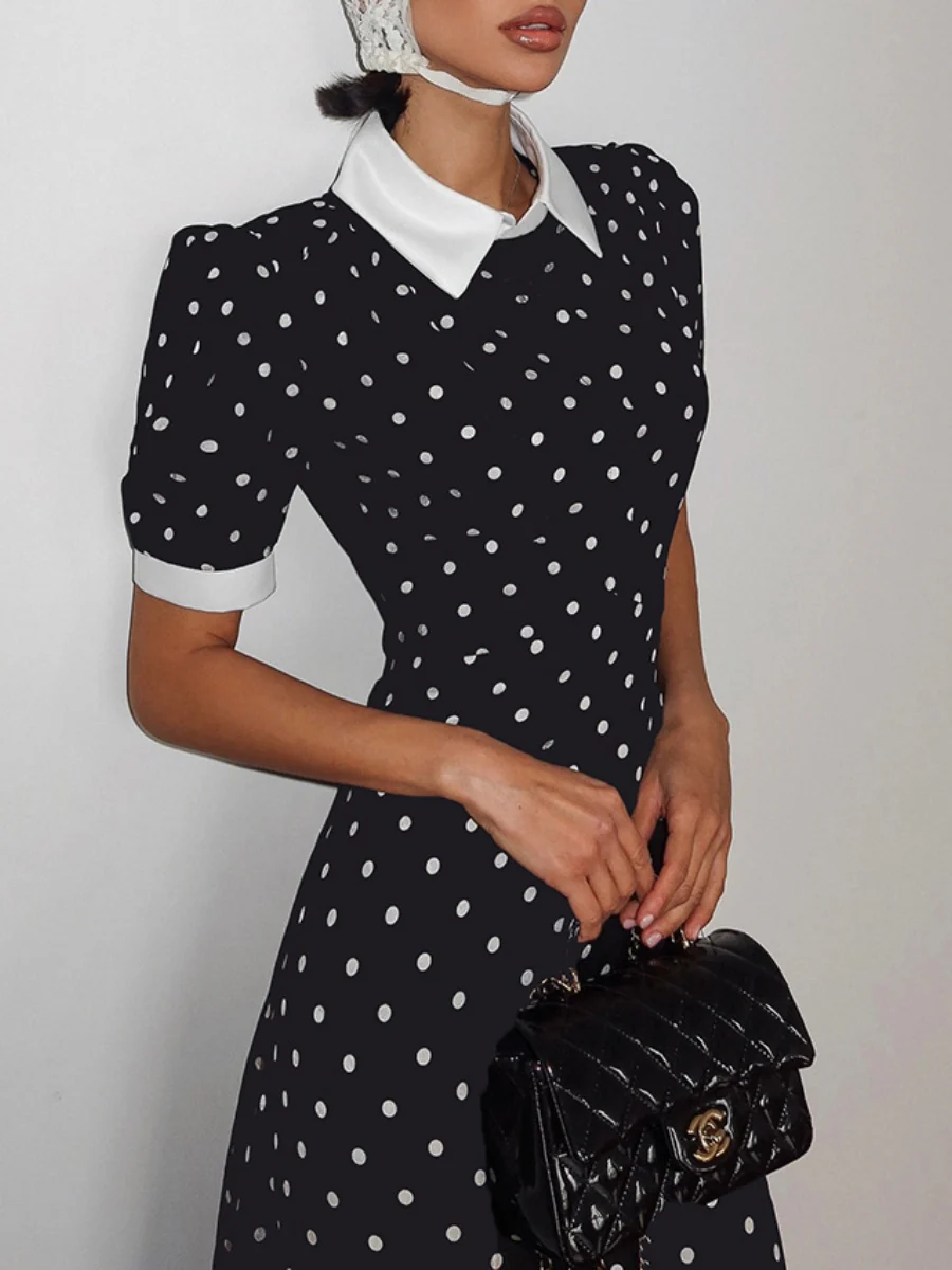 Polka Dot Print Color-blocked A-line Dress With A Cinched Waist - Image 4