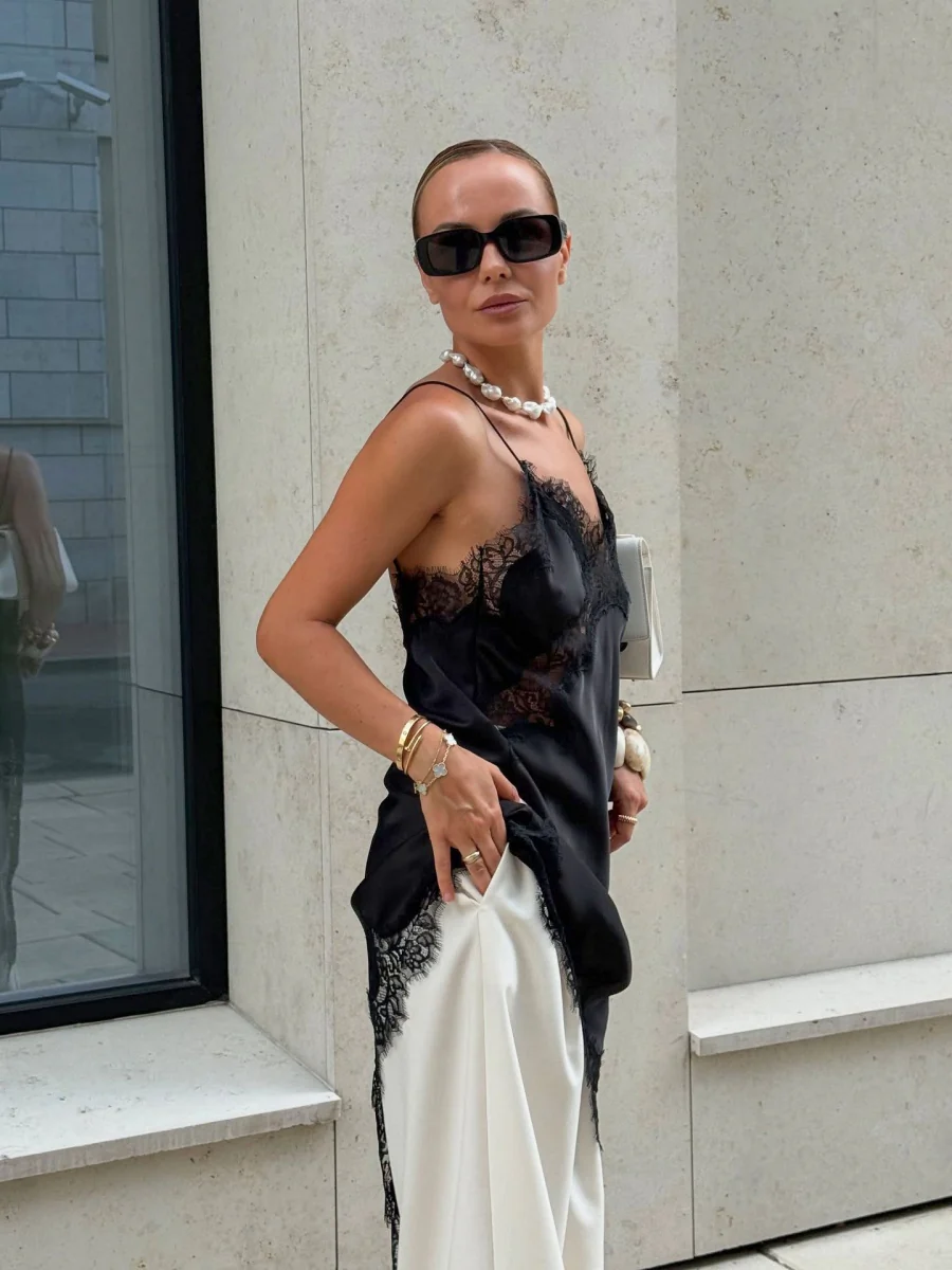 Lace Slit Inner Satin Slip Dress - Image 2