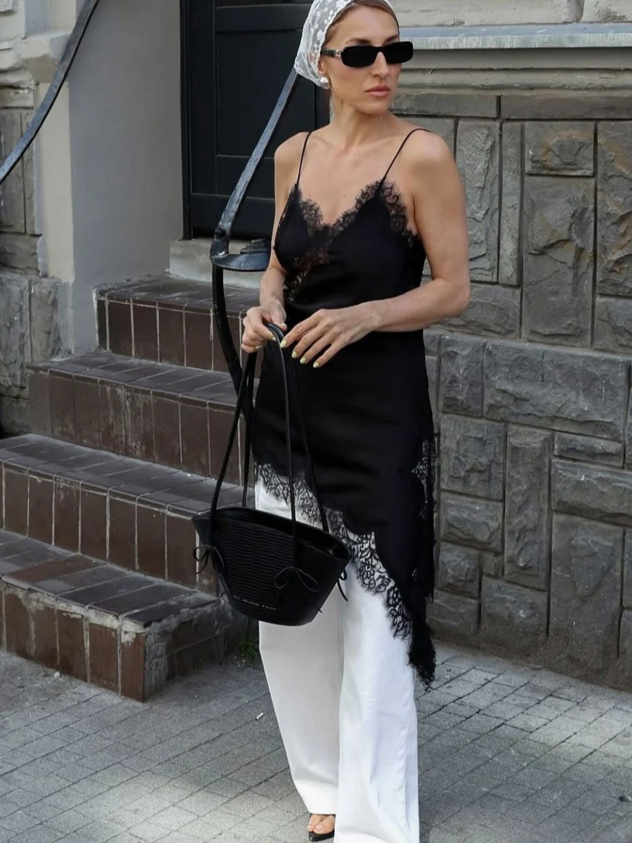 Lace Slit Inner Satin Slip Dress - Image 3