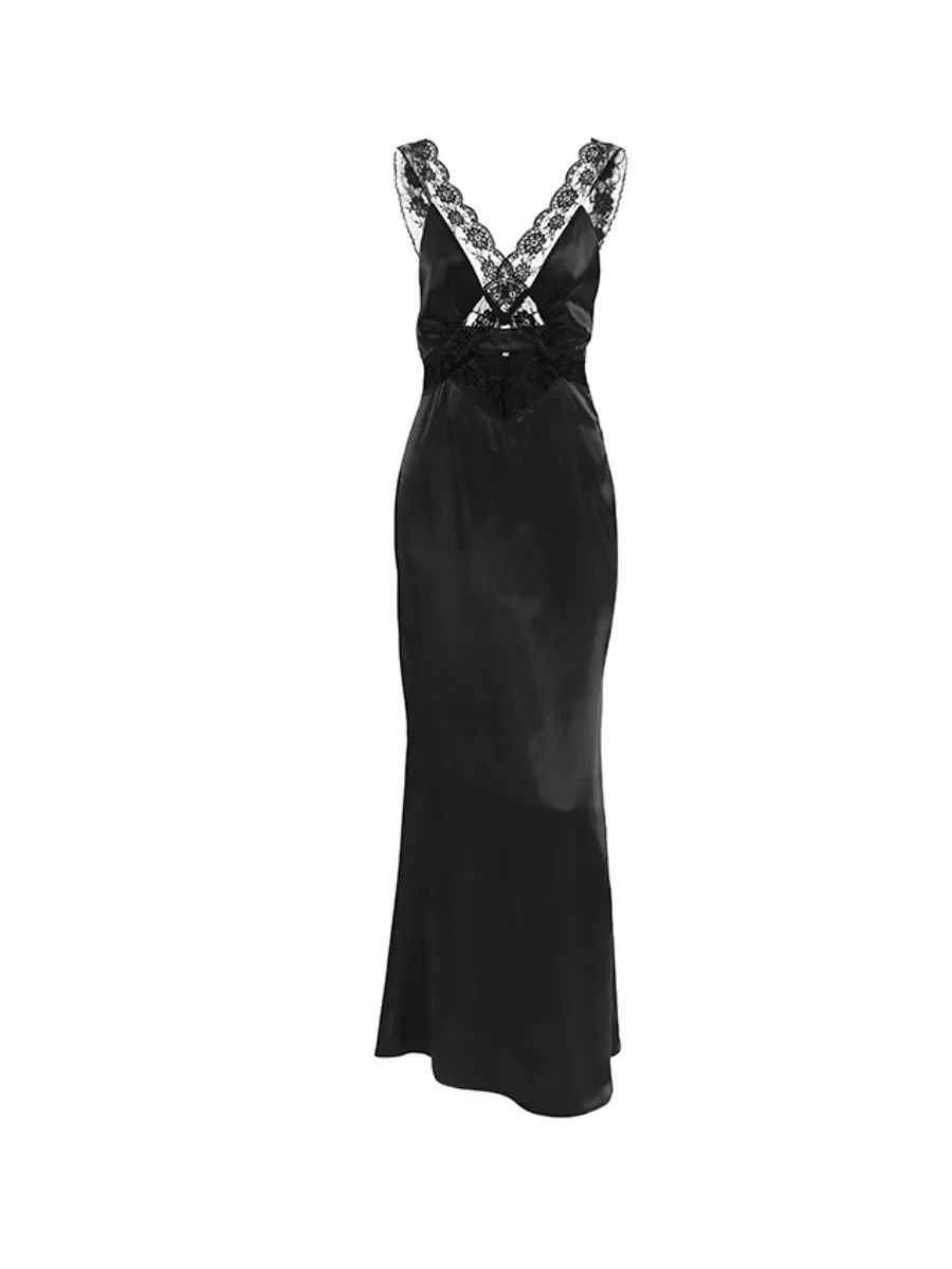 Black Sexy Hollowed-out V-neck Lace Trim Fishtail Long Dress - Image 4