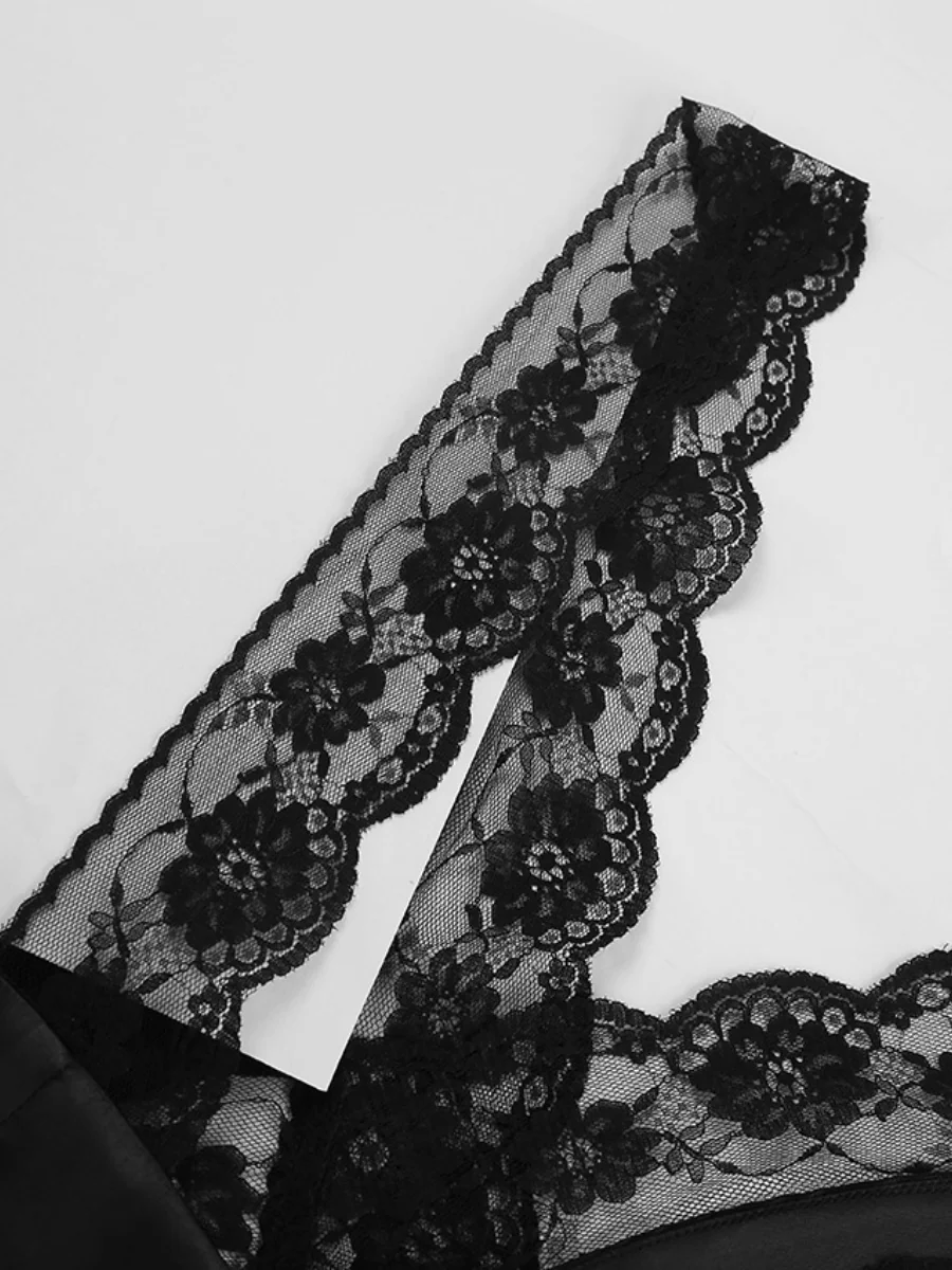 Black Sexy Hollowed-out V-neck Lace Trim Fishtail Long Dress - Image 6