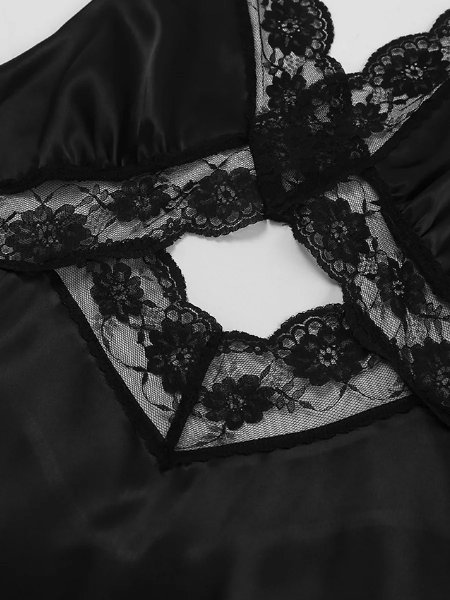Black Sexy Hollowed-out V-neck Lace Trim Fishtail Long Dress - Image 7