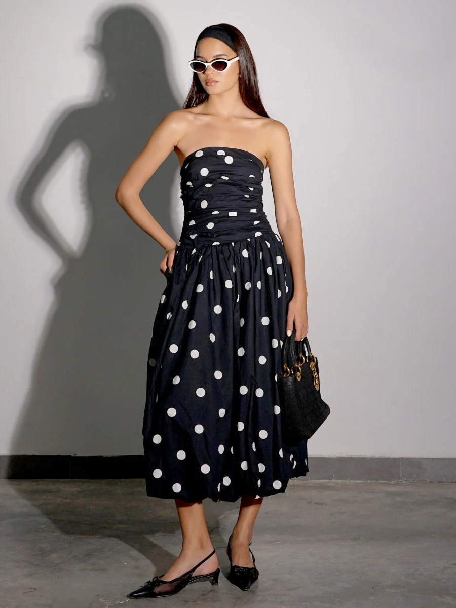 Polka Dot Pleated Strapless High-waisted Dress
