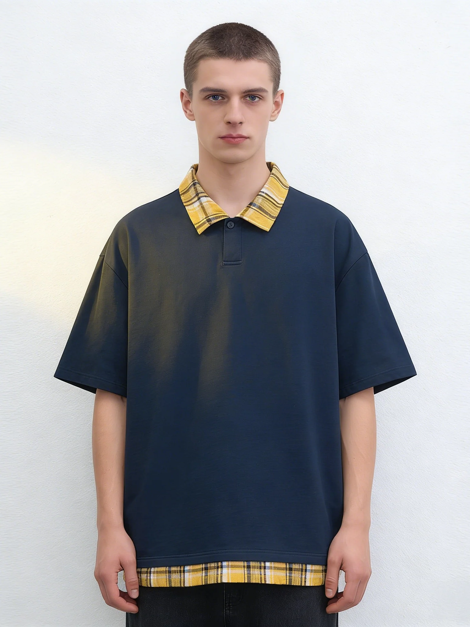 Layered-look Patchwork Plaid POLO Shirt