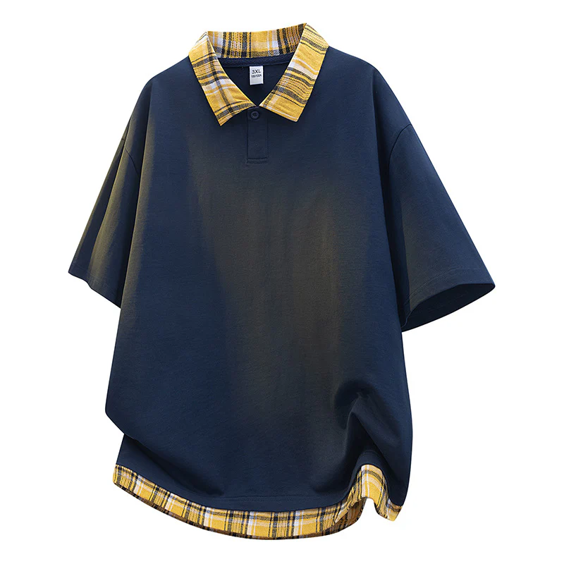 Layered-look Patchwork Plaid POLO Shirt - Image 2