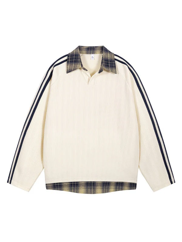 Fake Two Pieces Splicing V-neck College Style Polo - Image 2