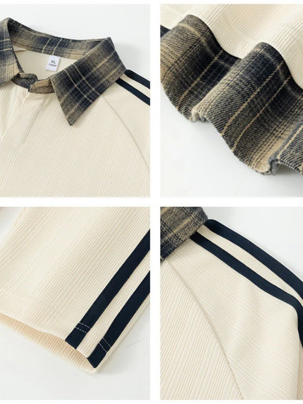 Fake Two Pieces Splicing V-neck College Style Polo - Image 3