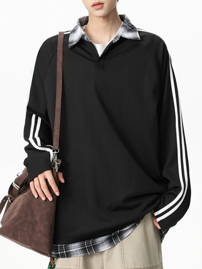 Fake Two Pieces Splicing V-neck College Style Polo - Image 4